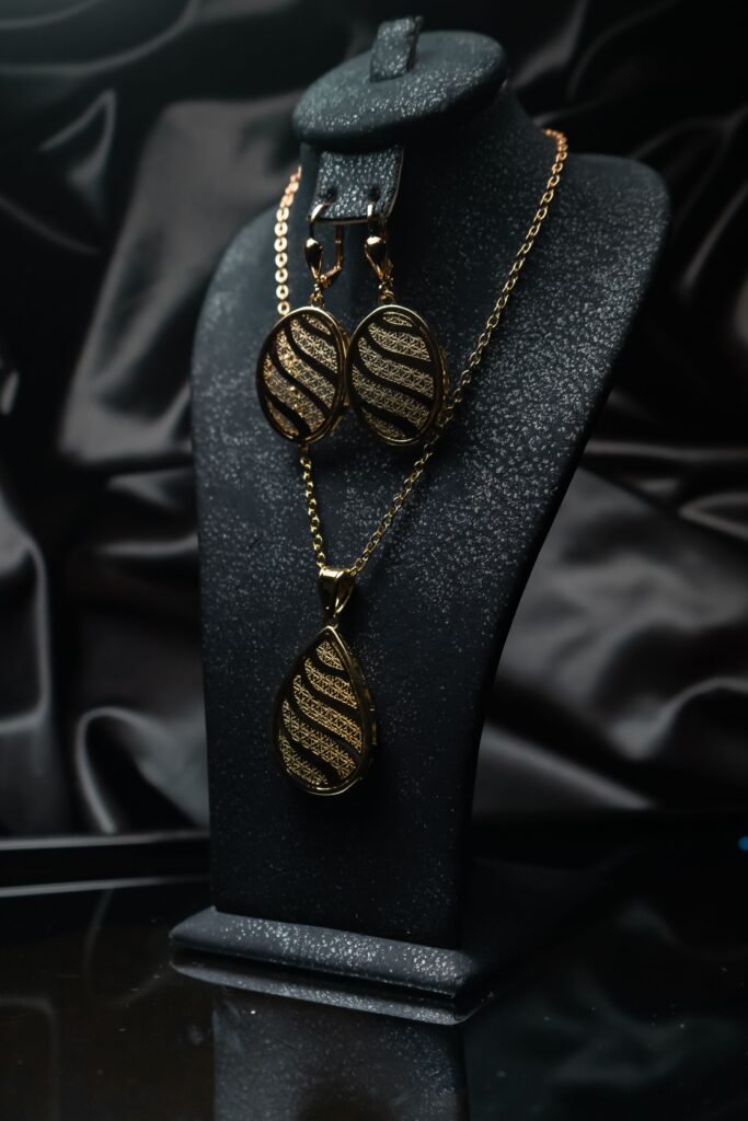 Fine jewelry displayed on a retail stand