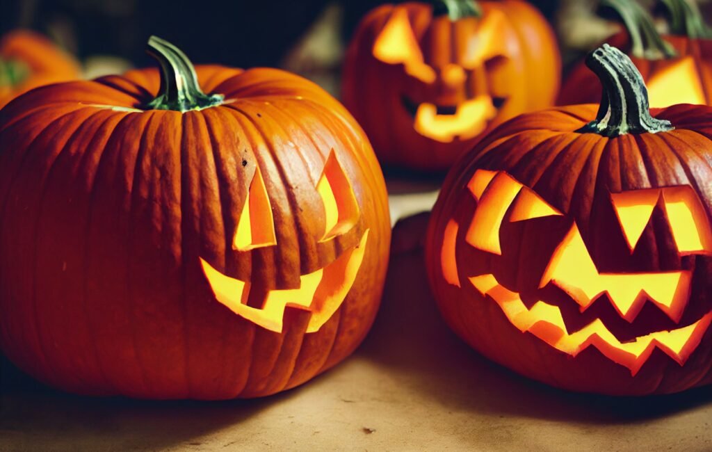 Glowing carved pumpkins for Halloween coloring inspiration