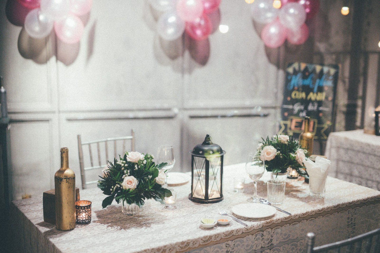 Indoor party setup with decorations and table
