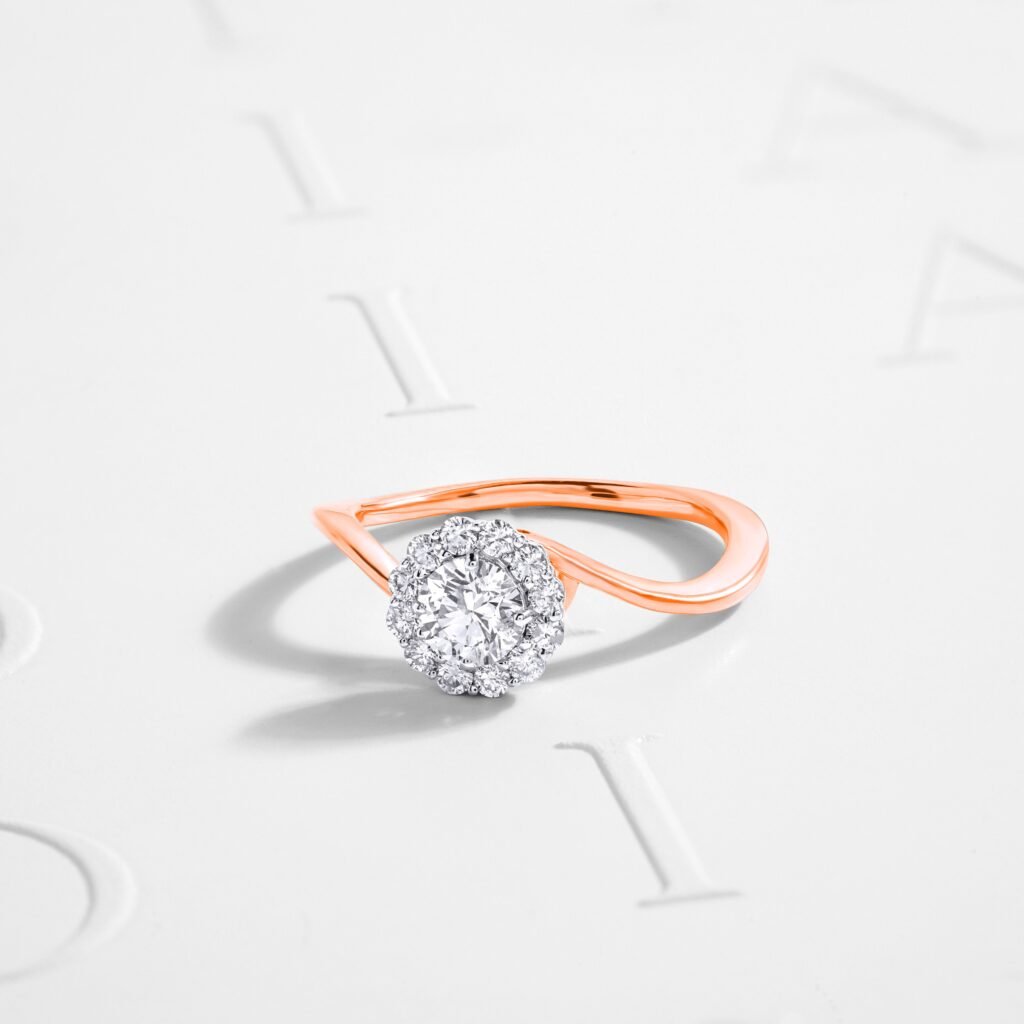 Luxury diamond ring displayed on a white surface