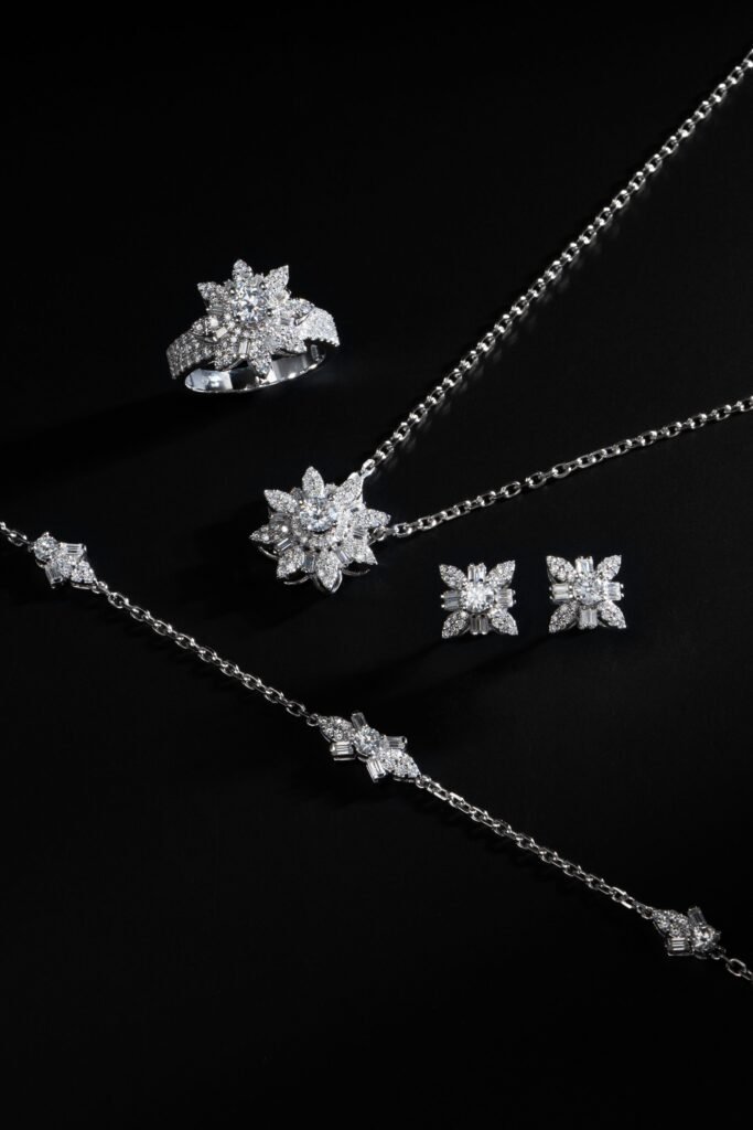 Luxury silver jewelry set with necklace earrings and ring
