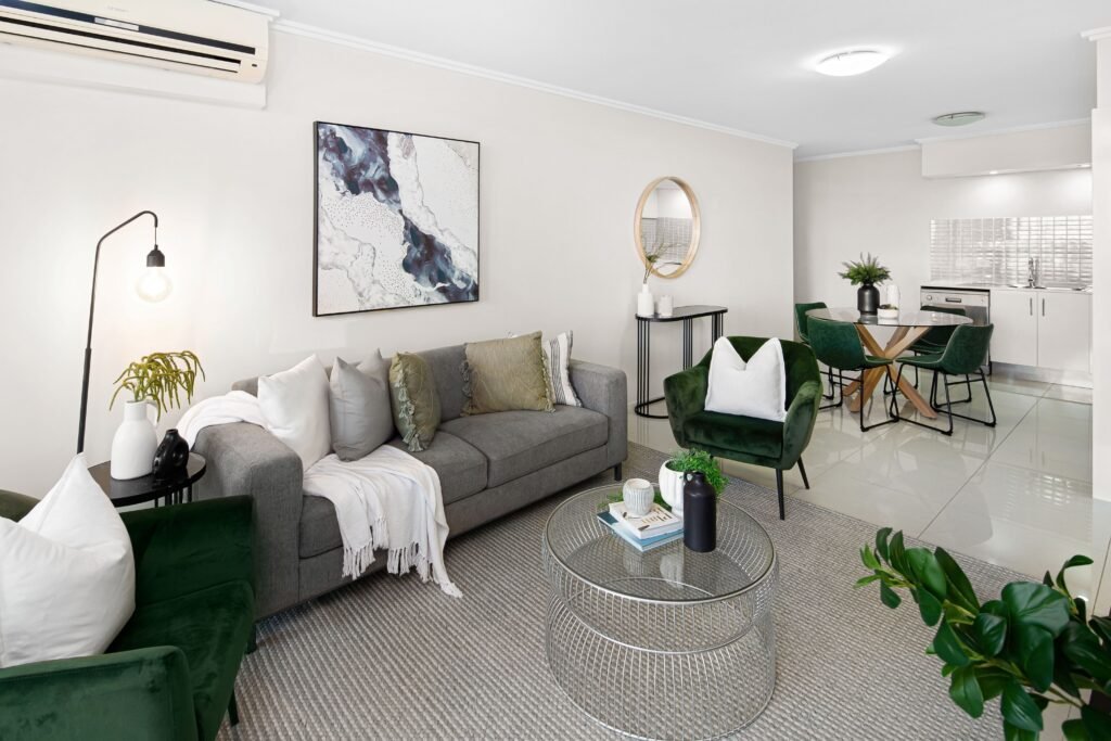 Stylish rental apartment interior with modern furniture and decor