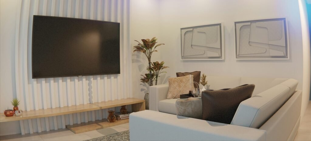 Modern living room with a wall-mounted TV and media console