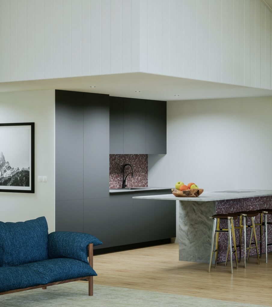 Kitchen island with counter seating and bar stools