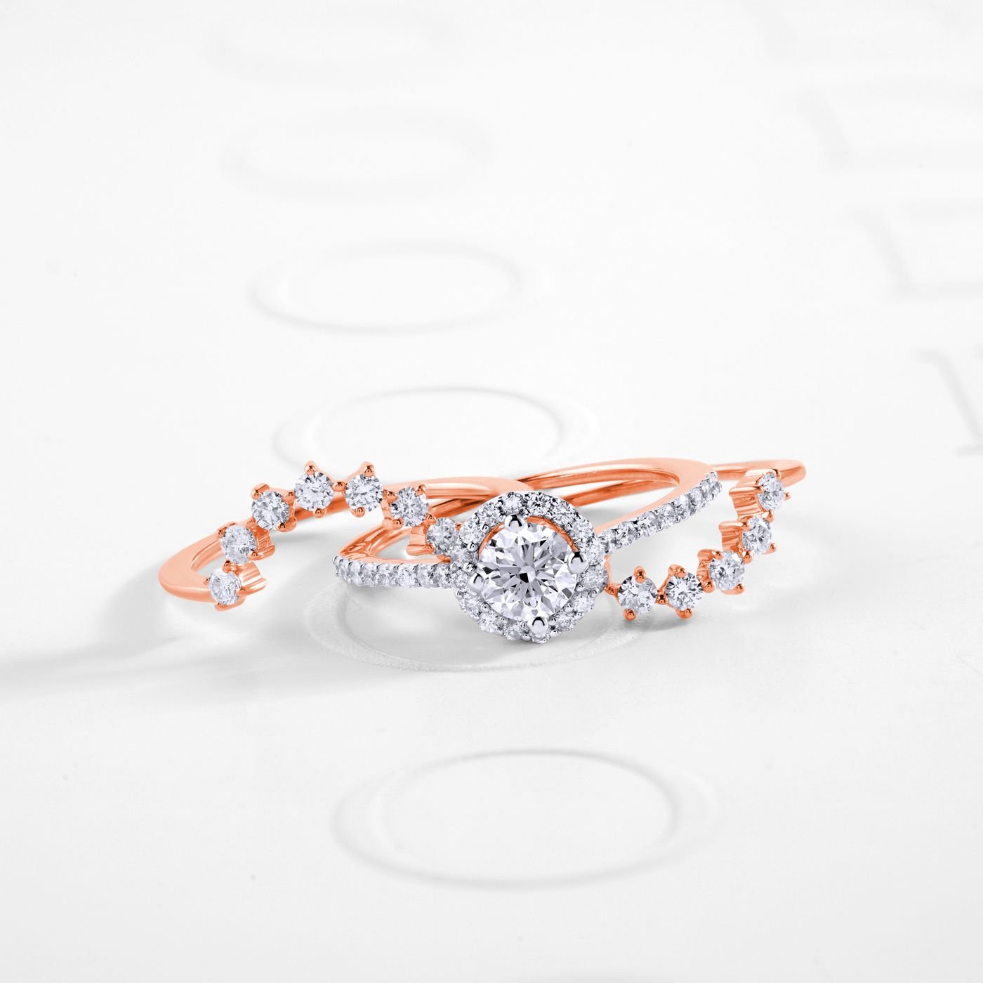 Illustrative diamond ring on a white surface